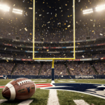 Worn leather football lies abandoned with dimly lit Patriots stadium and confetti-filled goalpost in background