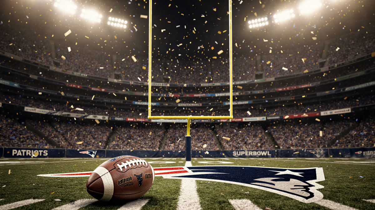 Worn leather football lies abandoned with dimly lit Patriots stadium and confetti-filled goalpost in background