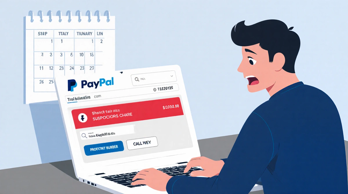 Man sits shocked at laptop showing PayPal scam alert with red suspicious charge and phone number visible