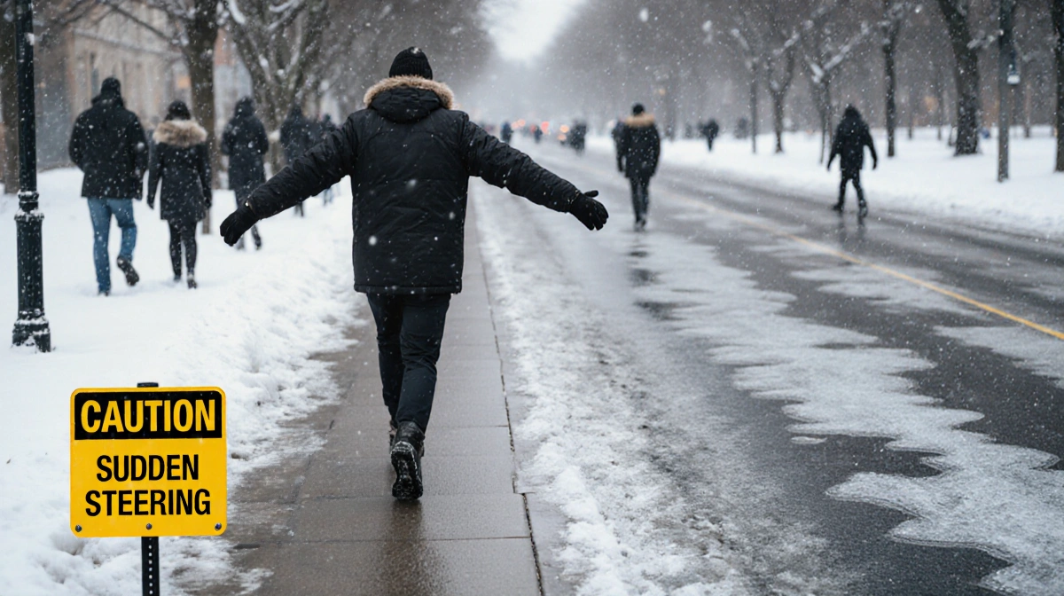 Pedestrian walking down icy sidewalk with black ice patches and a warning sign, cautious walkers in wintry background