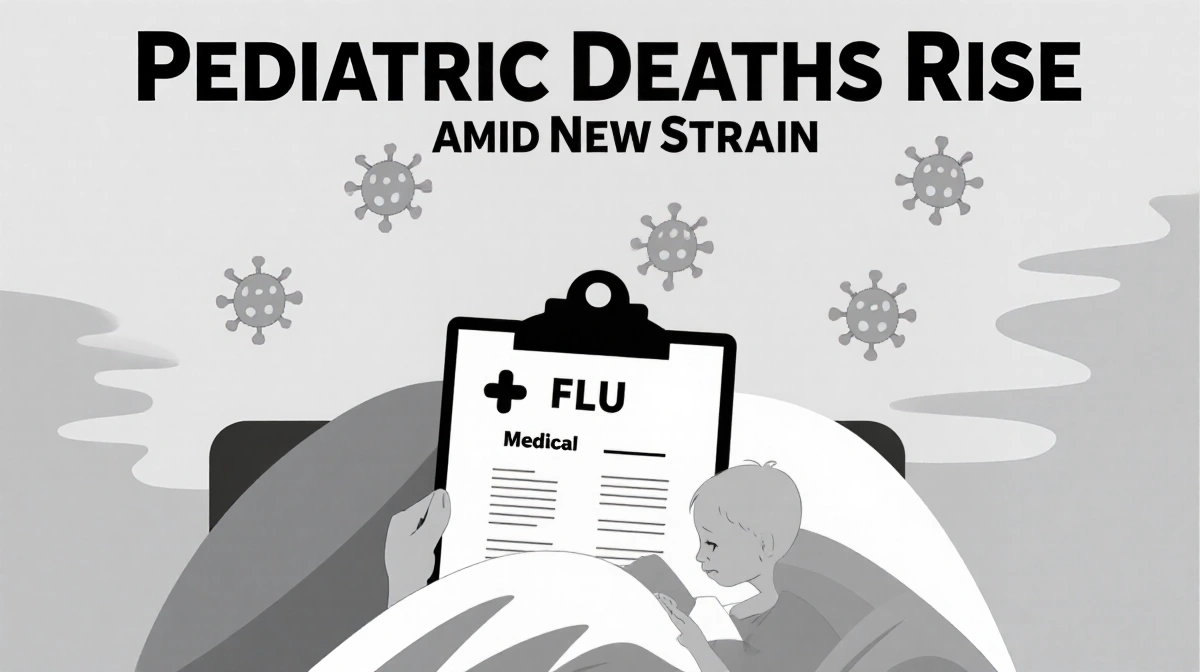 Chart on hospital bed shows child's name and vaccination status with a headline about pediatric deaths and a faint flu icon