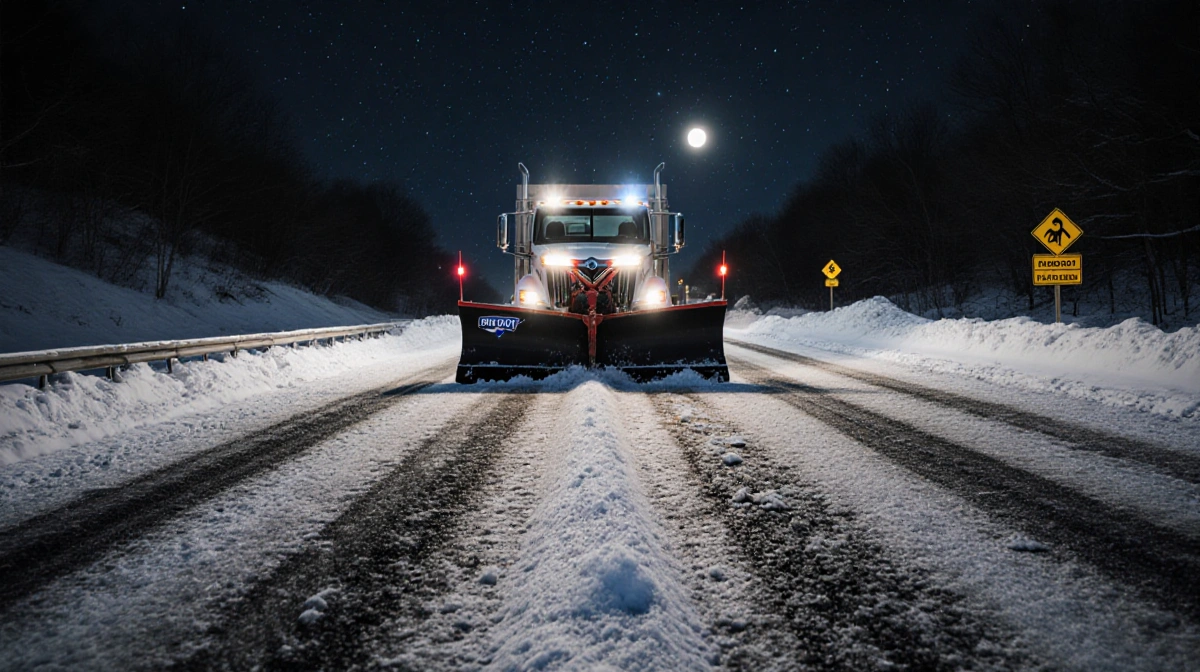 Plow truck treating snow-covered roadway with salt and sand showing icy patches under moonlit sky