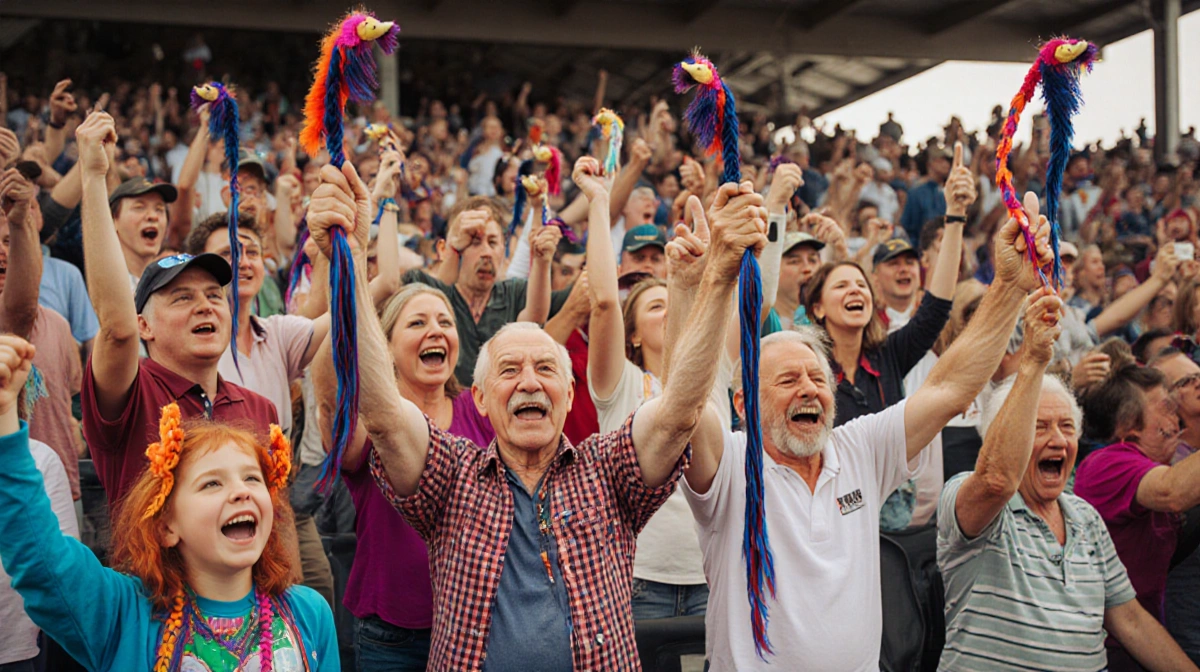 Spectators cheer at the Pennsylvania Farm Show mullet contest with children and adults celebrating their unique hairstyles