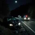 Crashed car sits in embankment with police lights flashing and forensic tent visible on dark Pennsylvania highway