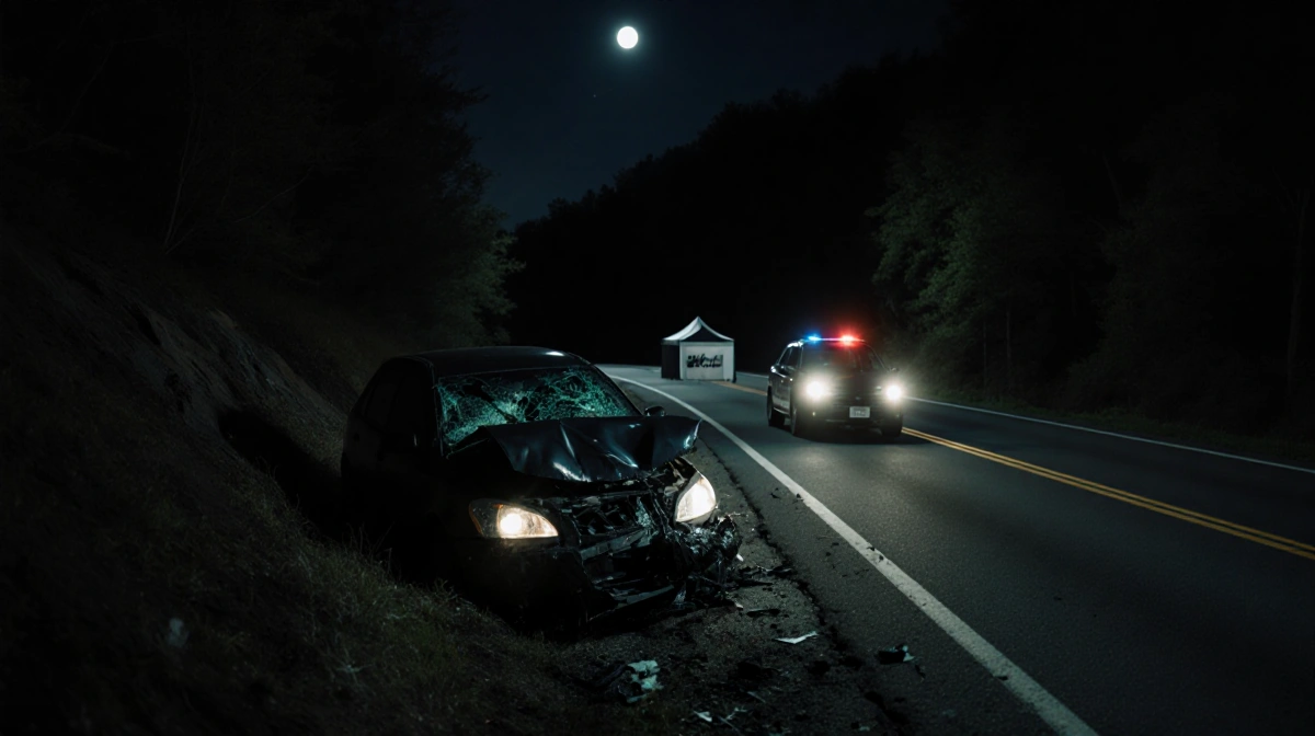 Crashed car sits in embankment with police lights flashing and forensic tent visible on dark Pennsylvania highway