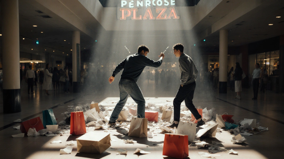 Person raising hand with scattered bags and torn papers and brother looking on in alarm in dimly lit mall corridor.