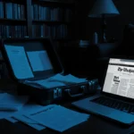 Cluttered living room shows open suitcase with spilled documents and laptop displaying Washington Post near bookshelf with Pe