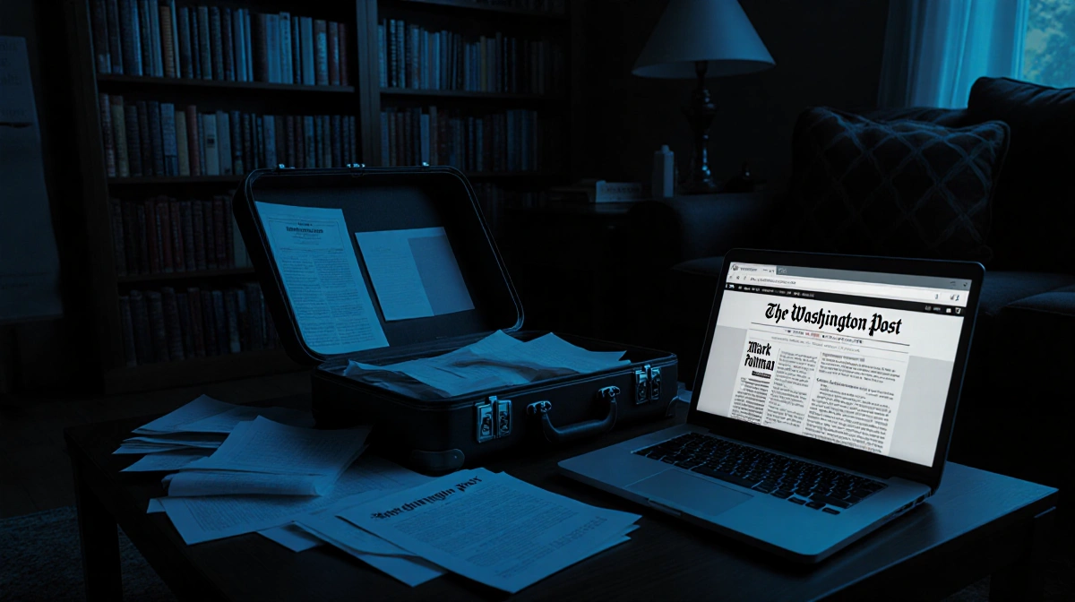 Cluttered living room shows open suitcase with spilled documents and laptop displaying Washington Post near bookshelf with Pe