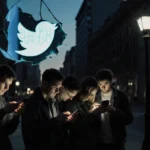 People huddle on sidewalk with faces lit by smartphones and a distorted Twitter logo hanging from a lamppost