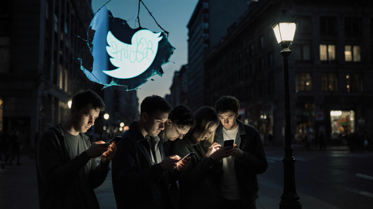 People huddle on sidewalk with faces lit by smartphones and a distorted Twitter logo hanging from a lamppost