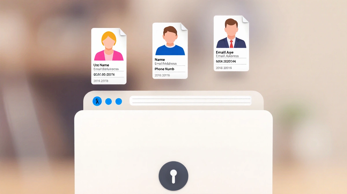 Digital file cabinet holds floating user profiles with soft colors and background blur highlighting personal data privacy