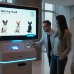 Dog owners gather around DNA testing machine with pet photos on screen showing matching results