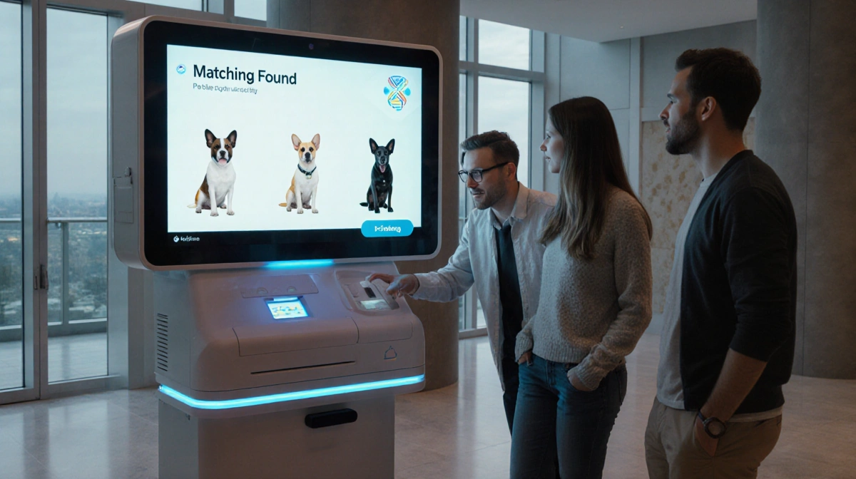 Dog owners gather around DNA testing machine with pet photos on screen showing matching results