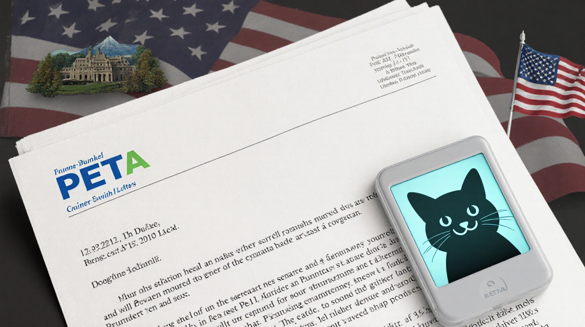 Formal PETA letter addressed to Dunkel rests beside hologram showing smiling cat with Pennsylvania flag and Punxsutawney Grou