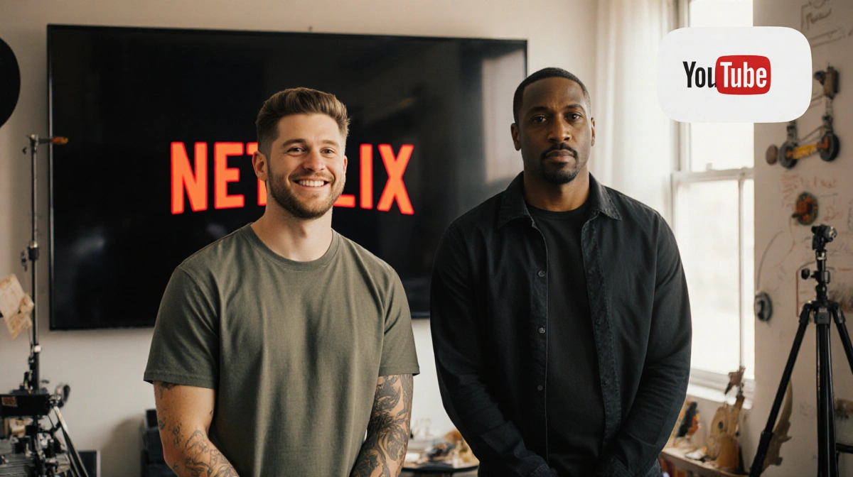 Pete Davidson stands with Michael Irvin near Netflix screen showing their friendly creative energy