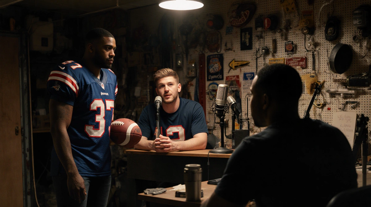 Pete Davidson hosting podcast in garage workshop with microphones and comedian friends gathered around