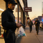 Delivery driver holds GLP-1 bag nervously watching over shoulder with fleeing suspects and police car at pharmacy door at dus