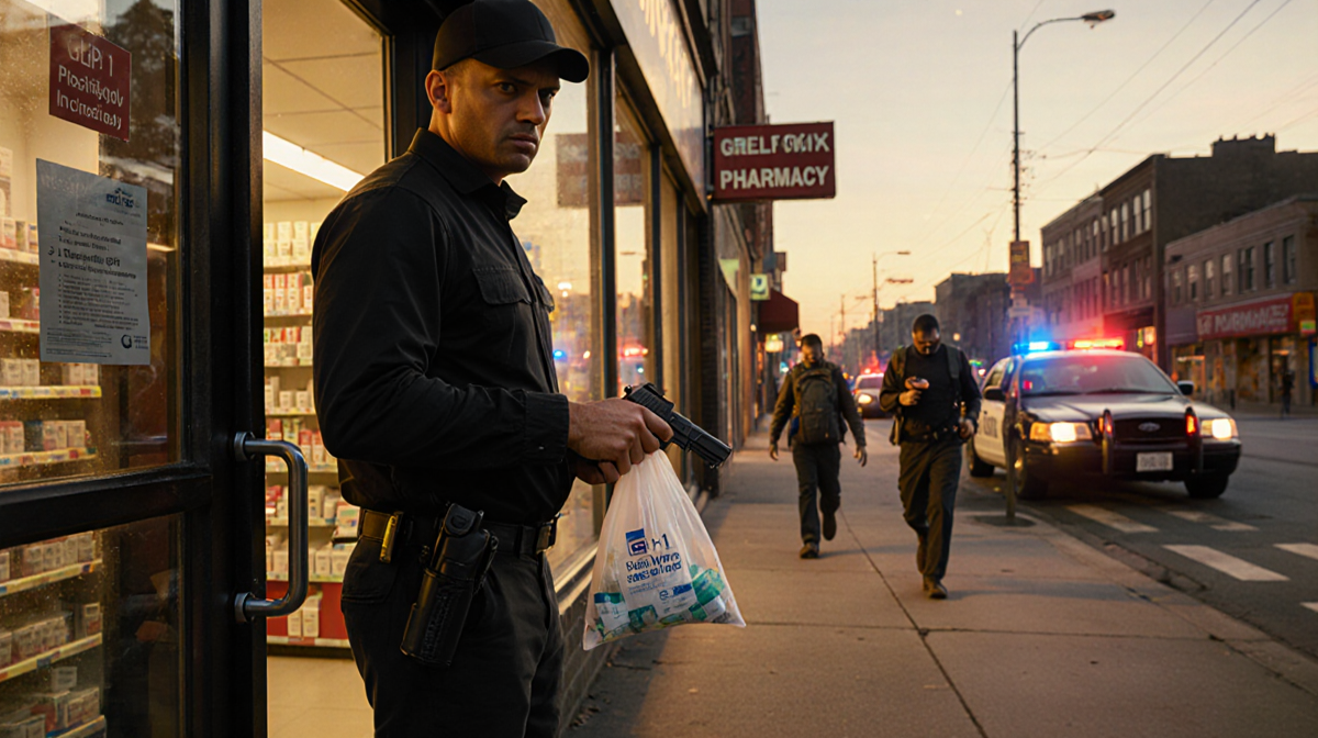 Delivery driver holds GLP-1 bag nervously watching over shoulder with fleeing suspects and police car at pharmacy door at dus