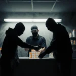 Masked robber pointing gun at delivery driver while partner grabs GLP-1 diabetes medications from pharmacy counter with flick