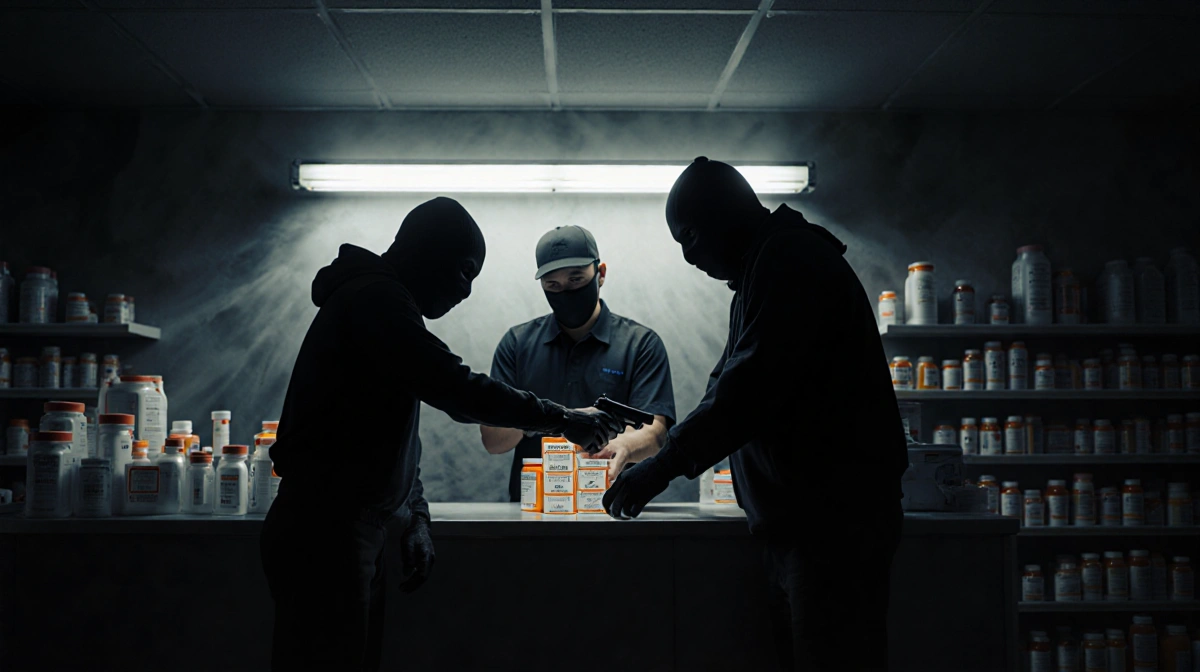 Masked robber pointing gun at delivery driver while partner grabs GLP-1 diabetes medications from pharmacy counter with flick