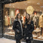 Phoebe Gates and Sophia Kianni standing in front of a retail store during a snowstorm with golden light spilling inside