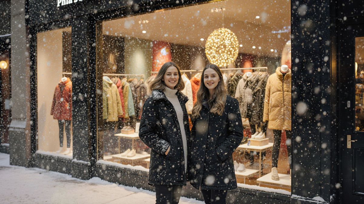 Phoebe Gates and Sophia Kianni standing in front of a retail store during a snowstorm with golden light spilling inside