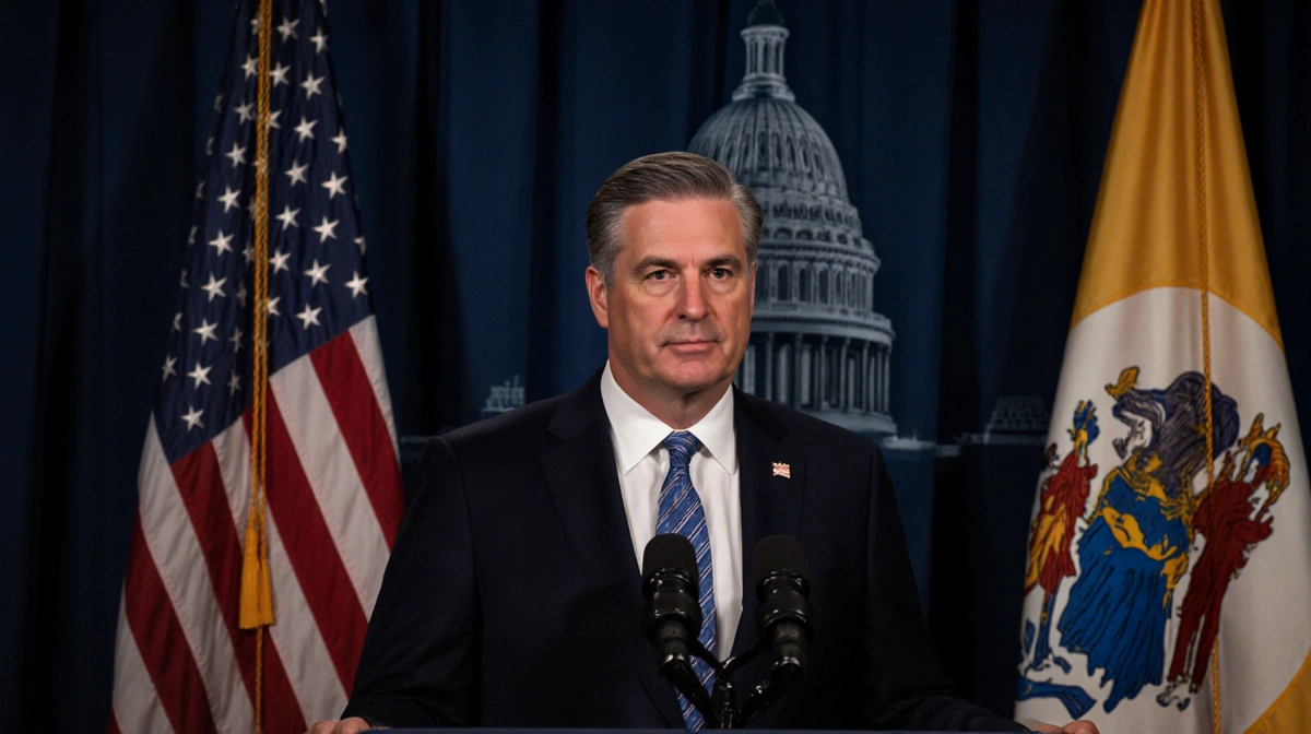Governor Phil Murphy delivers final State of the State address with New Jersey flag and Capitol building behind him