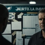 Coach reviewing injury board with Eagles logo and scattered X‑rays in dim locker room.