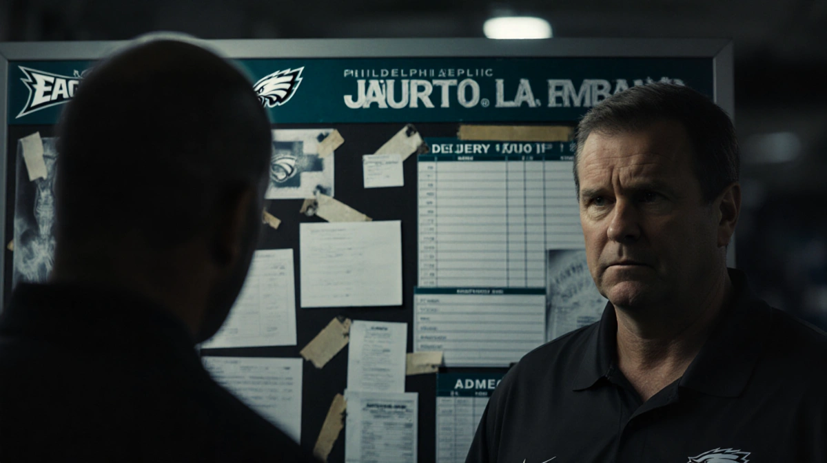 Coach reviewing injury board with Eagles logo and scattered X‑rays in dim locker room.