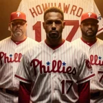 Ryan Howard, Mike Schmidt, and Jimmy Rollins stand together in front of a Philadelphia Phillies jersey.