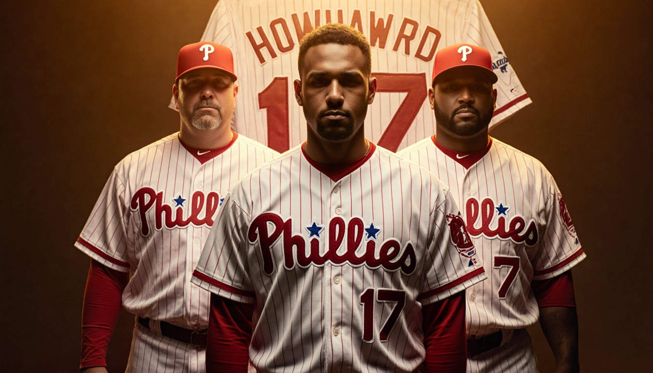Ryan Howard, Mike Schmidt, and Jimmy Rollins stand together in front of a Philadelphia Phillies jersey.