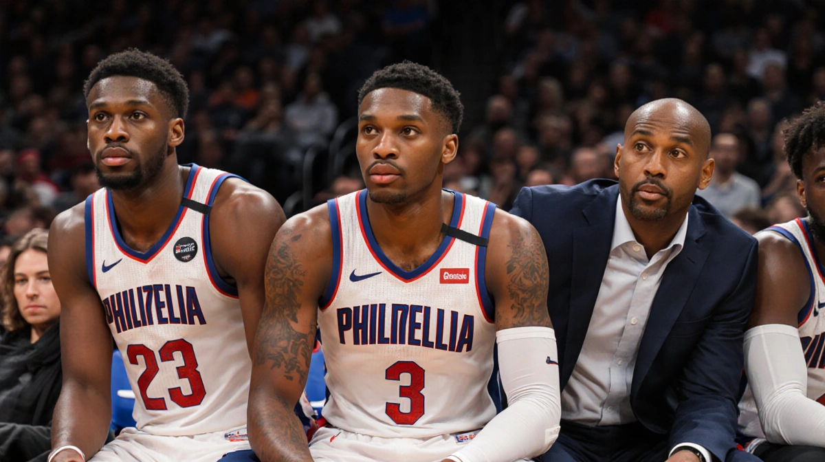 Philadelphia 76ers bench players sitting with coach showing stagnant offense during NBA game with muted lighting