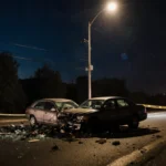 Two crashed cars tangled together on Lincoln Drive with flickering streetlight casting shadows and police tape cordoning off