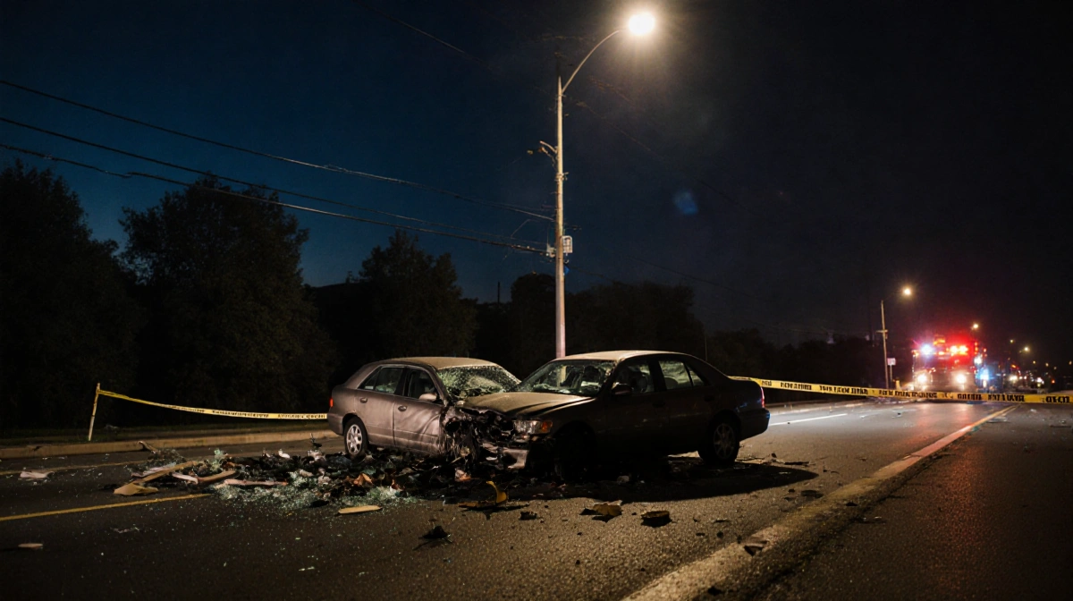 Two crashed cars tangled together on Lincoln Drive with flickering streetlight casting shadows and police tape cordoning off