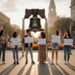 Diverse group holding hands and signs with smiles near Liberty Bell in Philadelphia under golden sunlight