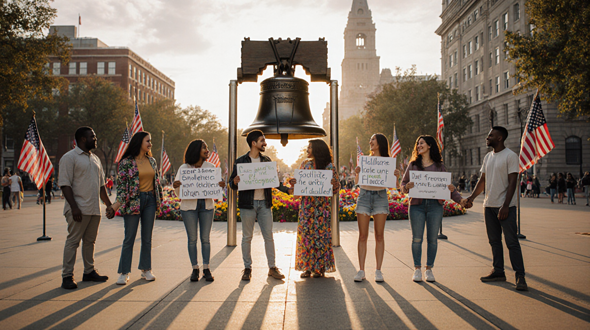Diverse group holding hands and signs with smiles near Liberty Bell in Philadelphia under golden sunlight
