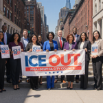 Philadelphia Councilmembers standing together holding bold ICE OUT signs with city skyline behind them and hopeful lighting.