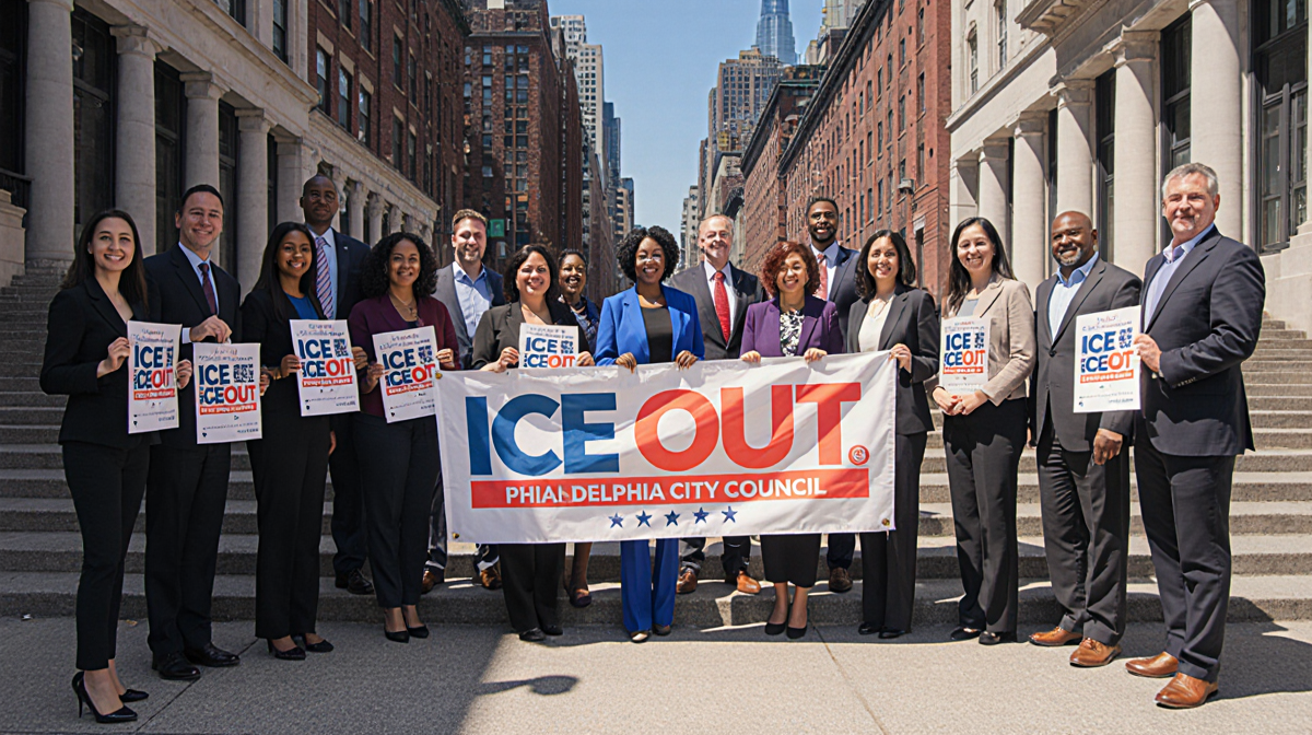 Philadelphia Councilmembers standing together holding bold ICE OUT signs with city skyline behind them and hopeful lighting.