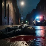 Man lies injured on wet pavement with blood-stained jeans and police lights reflecting in the alley