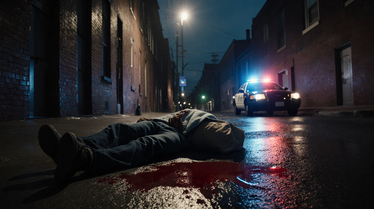 Man lies injured on wet pavement with blood-stained jeans and police lights reflecting in the alley