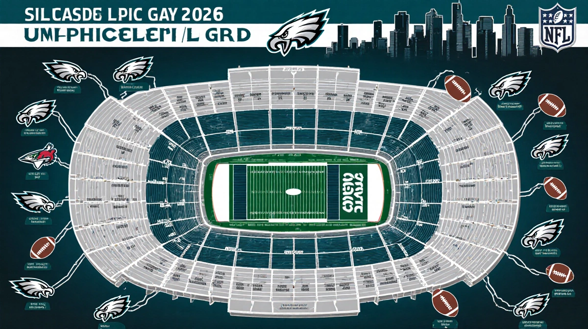 Illustration displays Eagles 2026 schedule grid with home and away games with Lincoln Financial Field facade and city skyline