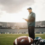 Philadelphia Eagles coach stands with notepad on football field with stadium blurred behind and ball at his feet