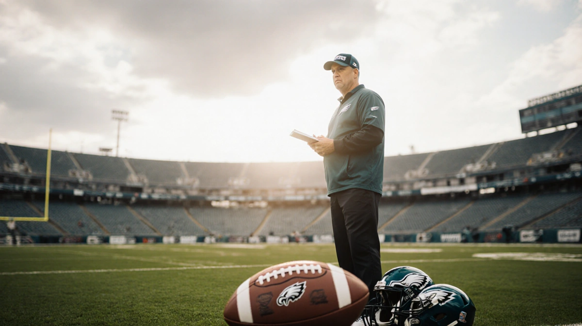 Philadelphia Eagles coach stands with notepad on football field with stadium blurred behind and ball at his feet