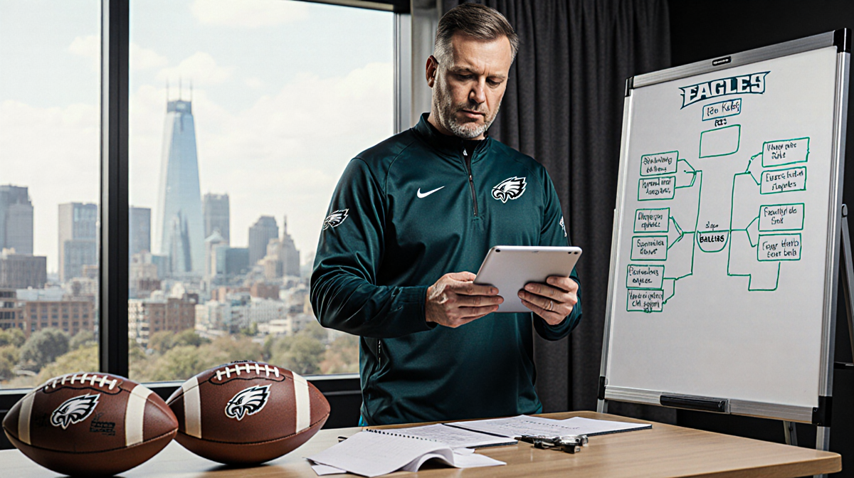Eagles coach reviewing game footage on tablet with whiteboard of defensive strategies and Philadelphia skyline behind.