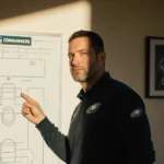 Nick Sirianni pointing to a formation on a whiteboard with a faint Eagles logo and a spotlight on his hands for playoff
