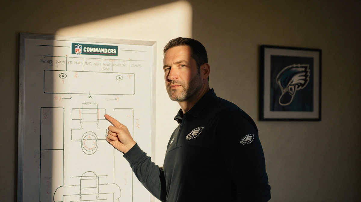 Nick Sirianni pointing to a formation on a whiteboard with a faint Eagles logo and a spotlight on his hands for playoff