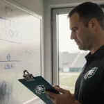 Eagles coach studying football playbook with whiteboard diagrams and stadium visible through window