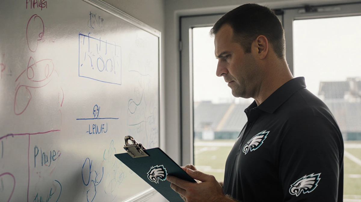 Eagles coach studying football playbook with whiteboard diagrams and stadium visible through window