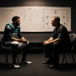 Nick Sirianni and Michael Clay discussing Eagles strategy with play diagrams on whiteboard behind them