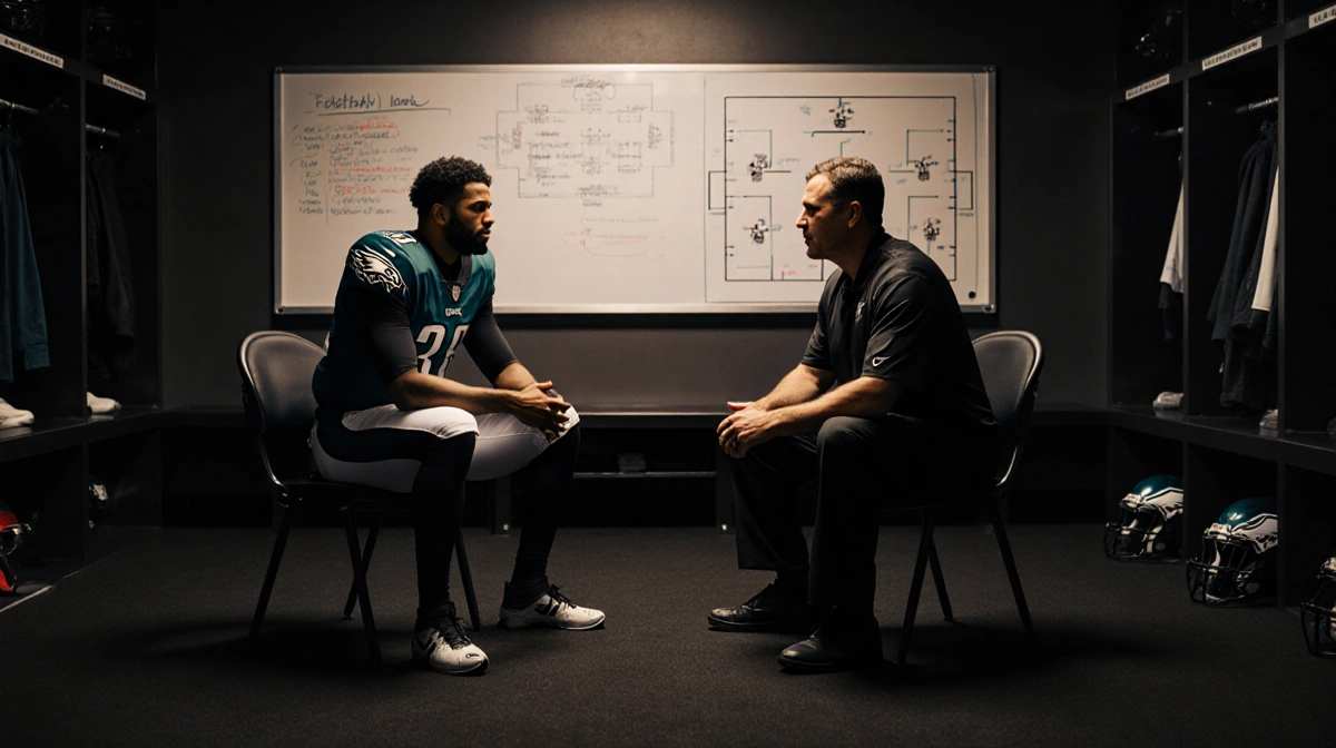 Nick Sirianni and Michael Clay discussing Eagles strategy with play diagrams on whiteboard behind them
